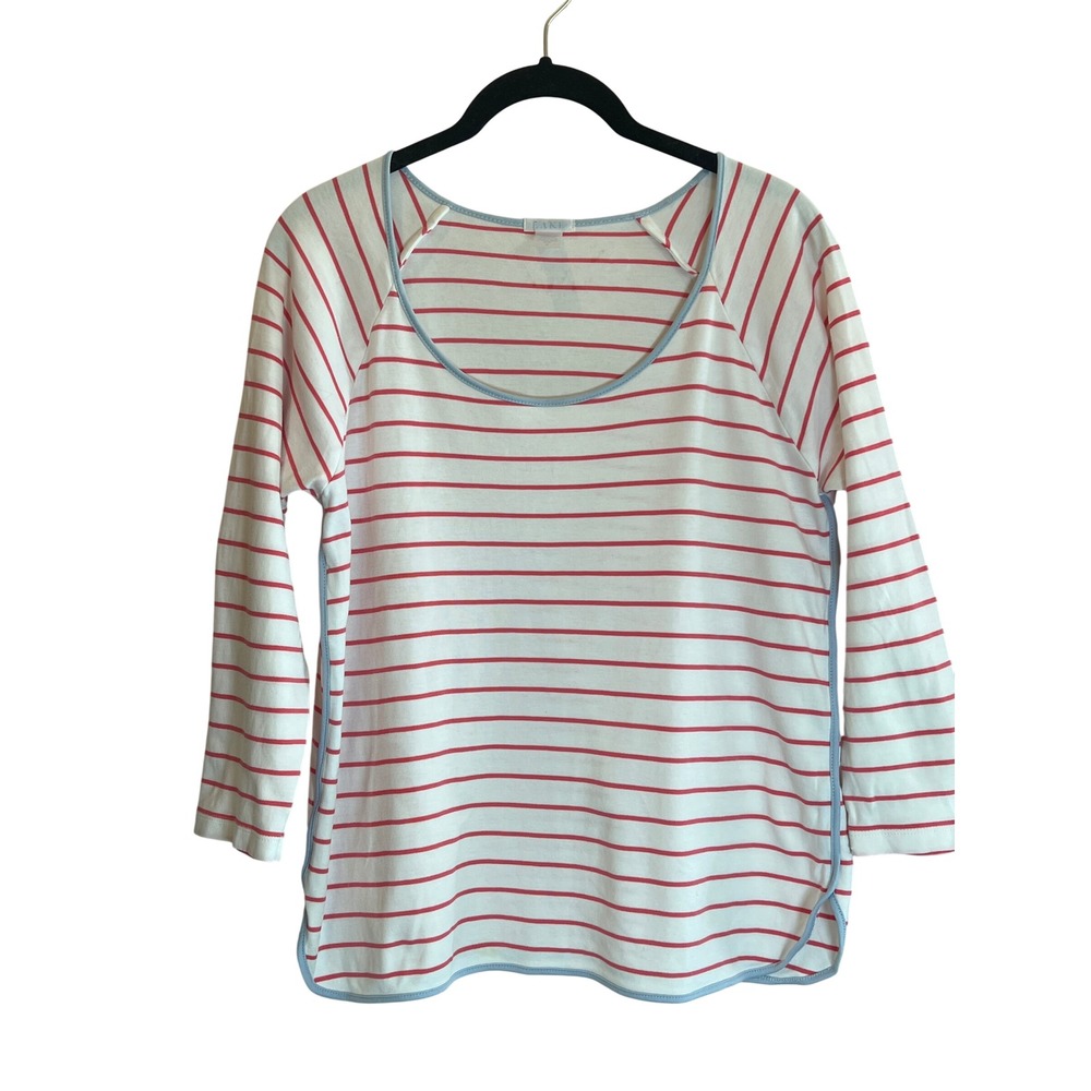 Lake Pajamas Red White Striped Pima Cotton Long Sleeve Top Blue Trim Womens S